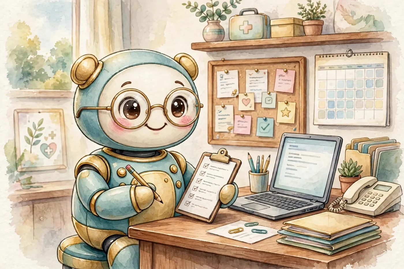 Poster illustration of the Administrative System — Asher, the administrative-assistant robot in her big round glasses, at a desk with a checklist clipboard, a laptop, a wall calendar, and a board of pinned notes