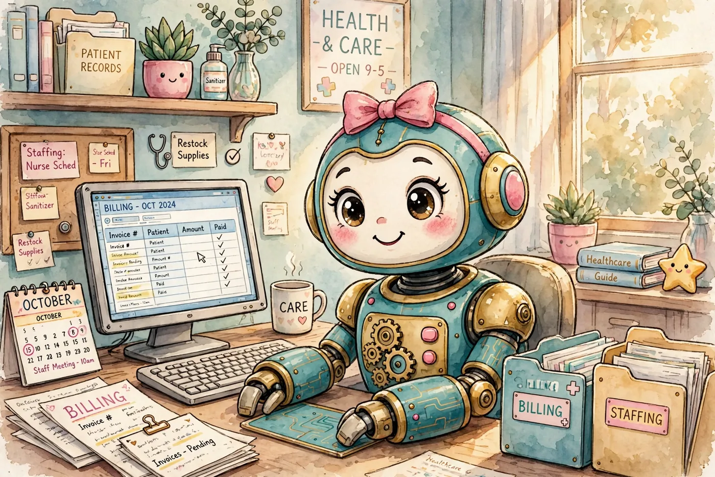 Poster illustration of the HR Companion — Billie, the back-office robot, working at the computer