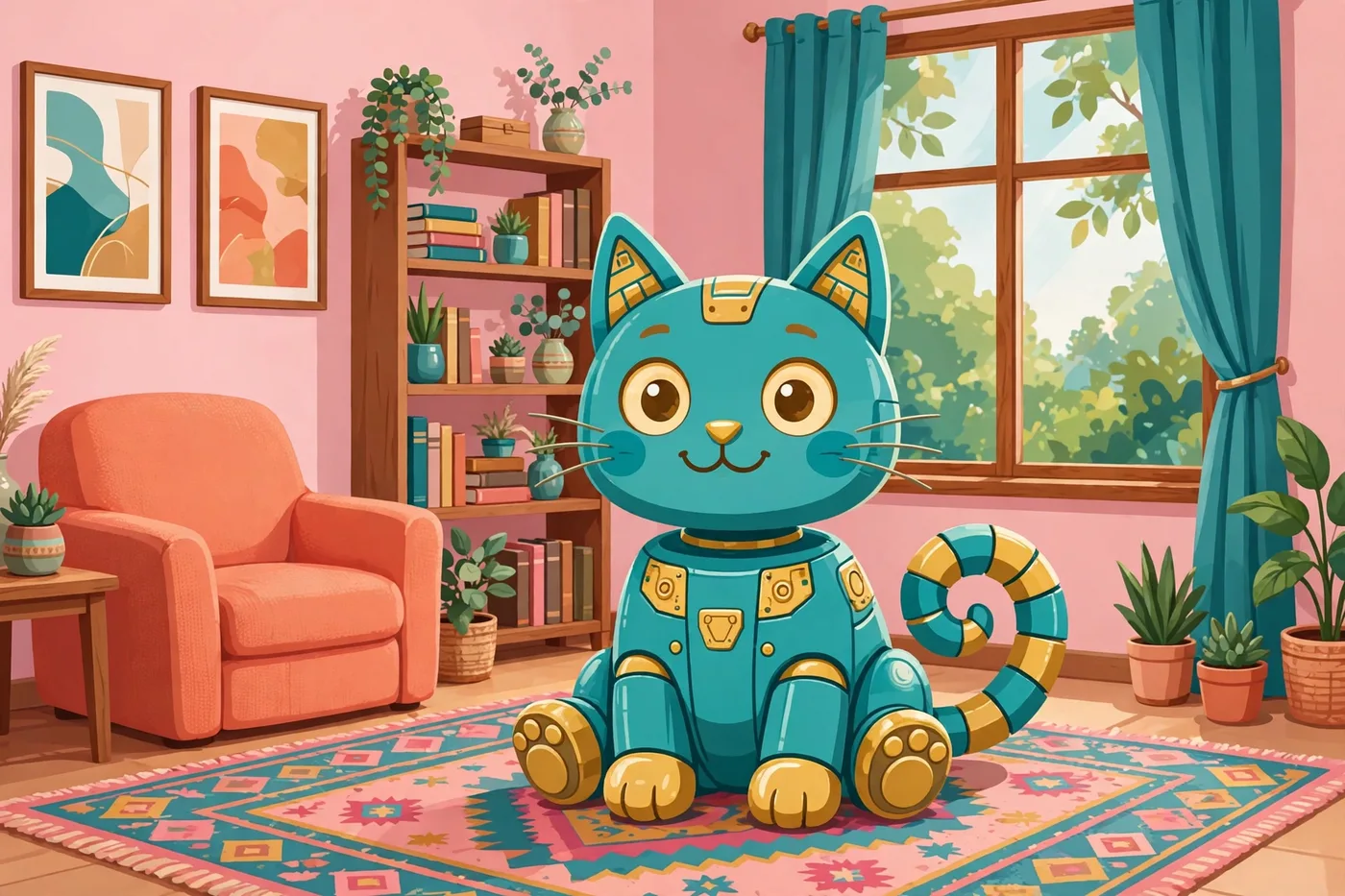 Poster illustration of the Cat System — a friendly robot cat at the center of the picture, a companion pet for residents