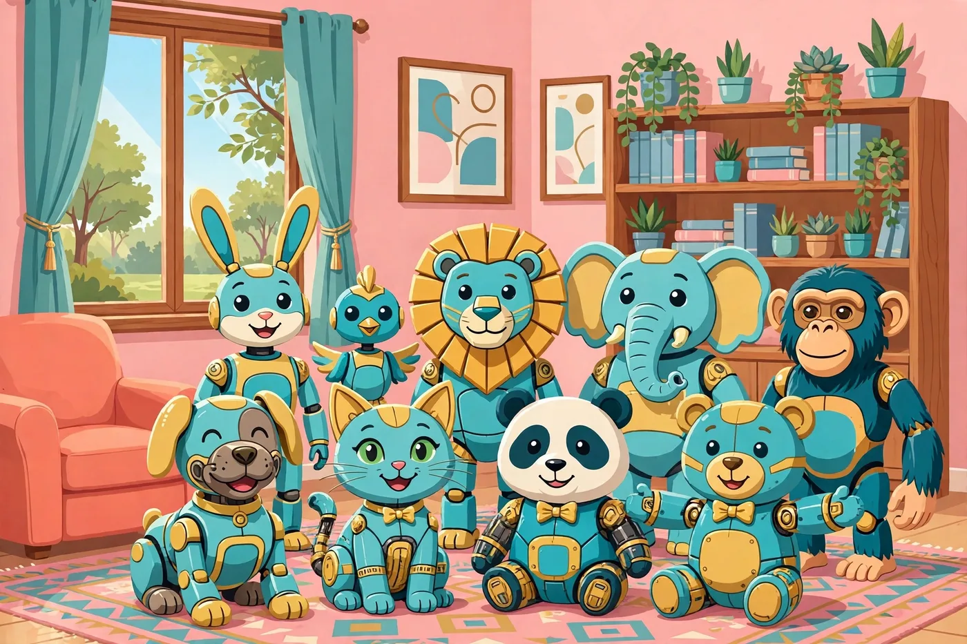 Poster illustration of the Companion Fleet — nine robot pets together in matching teal-and-gold fleet colors in a cozy lounge: a dog, a cat, a lion, a rabbit, a bird, an elephant, a chimpanzee, a panda bear, and a teddy bear