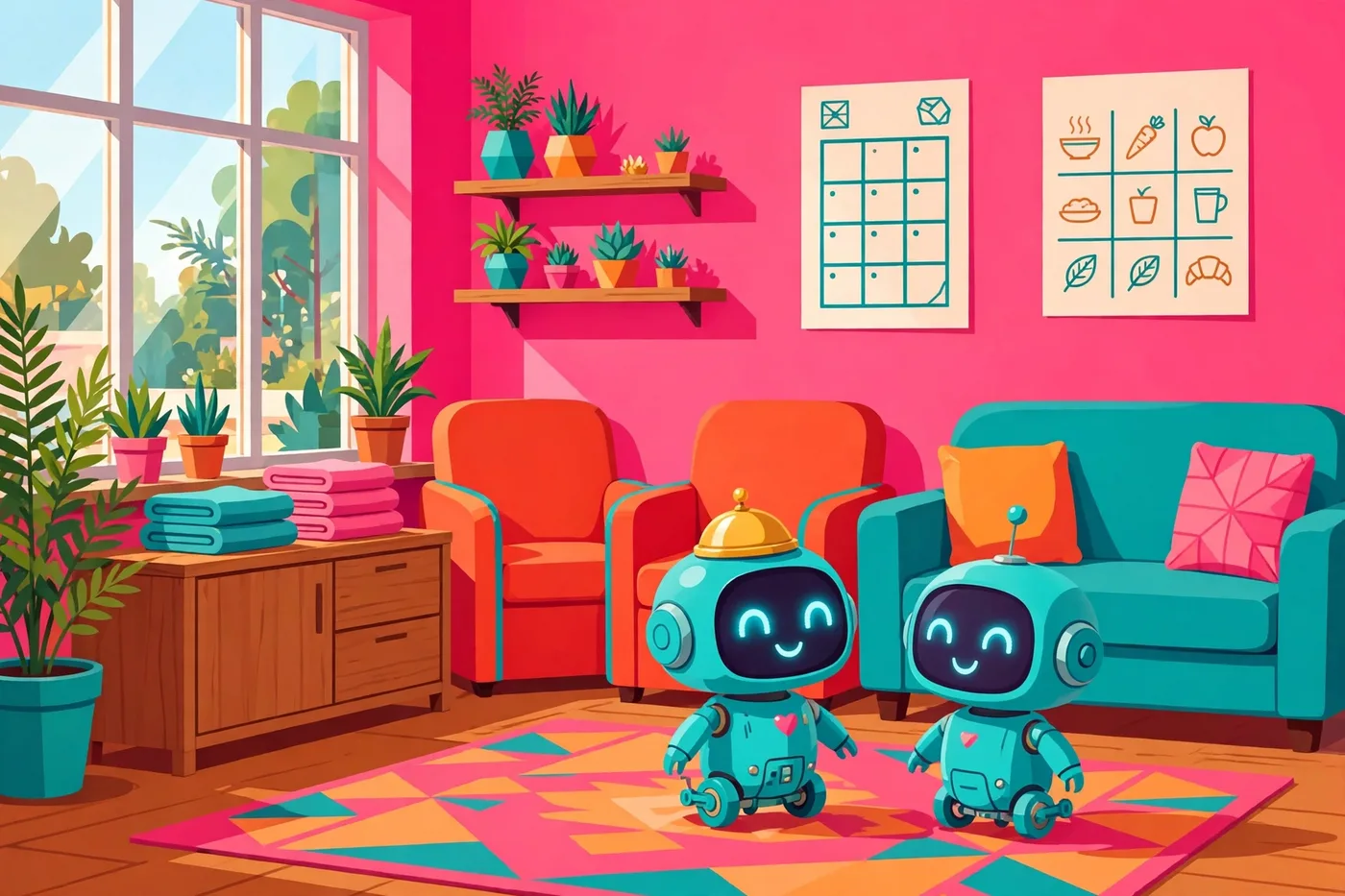 Poster illustration for Bringing Super Intelligence into Healthcare — two small teal robots with smiling faces in a bright pink care-community lounge, with a wall calendar and a resident menu board behind them