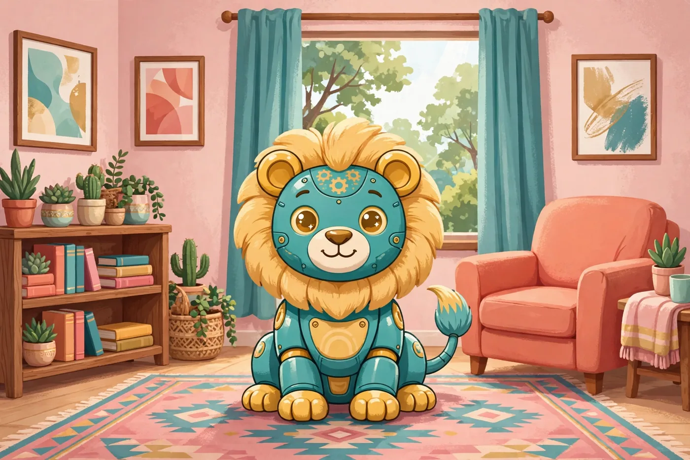 Poster illustration of the Lion System — a friendly robot lion with a full mane at the center of the picture, a companion pet for residents