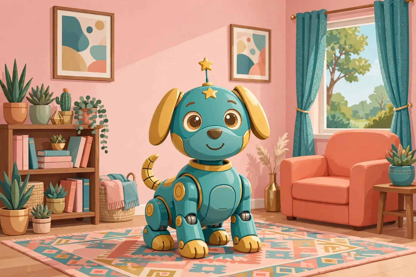 Poster illustration of the Lucky System — a friendly little robot dog, alone at the center of the picture, ready to keep a resident company