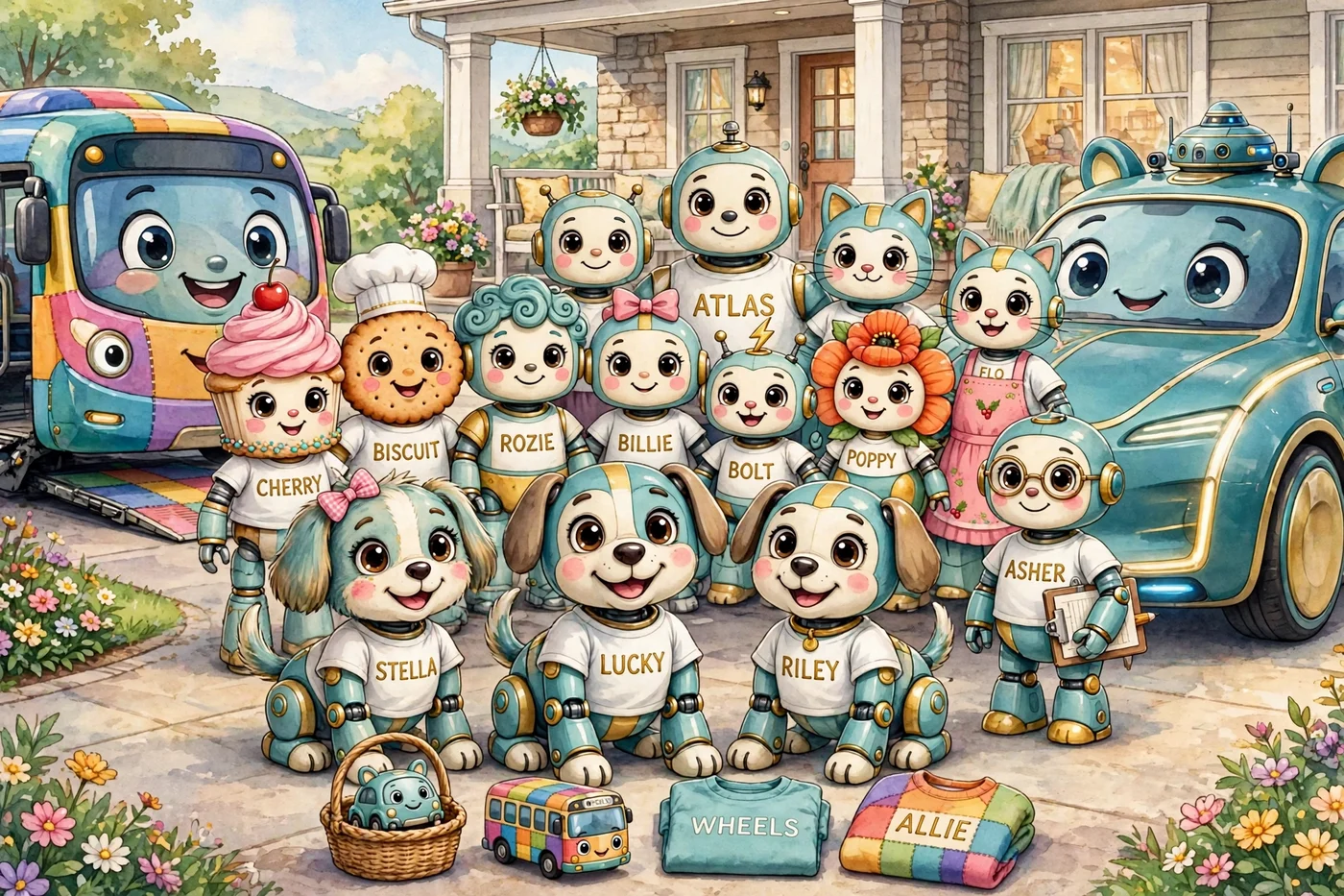 Merchandising poster illustration — the Character Family together: Stella, Lucky and Riley, the three dogs in their name t-shirts, in front, with Cherry, Biscuit and the rest of the named characters behind them, Allie the bus and Wheels the car standing with the family, and WHEELS and ALLIE name shirts folded in front with a mini Wheels car and a mini Allie bus