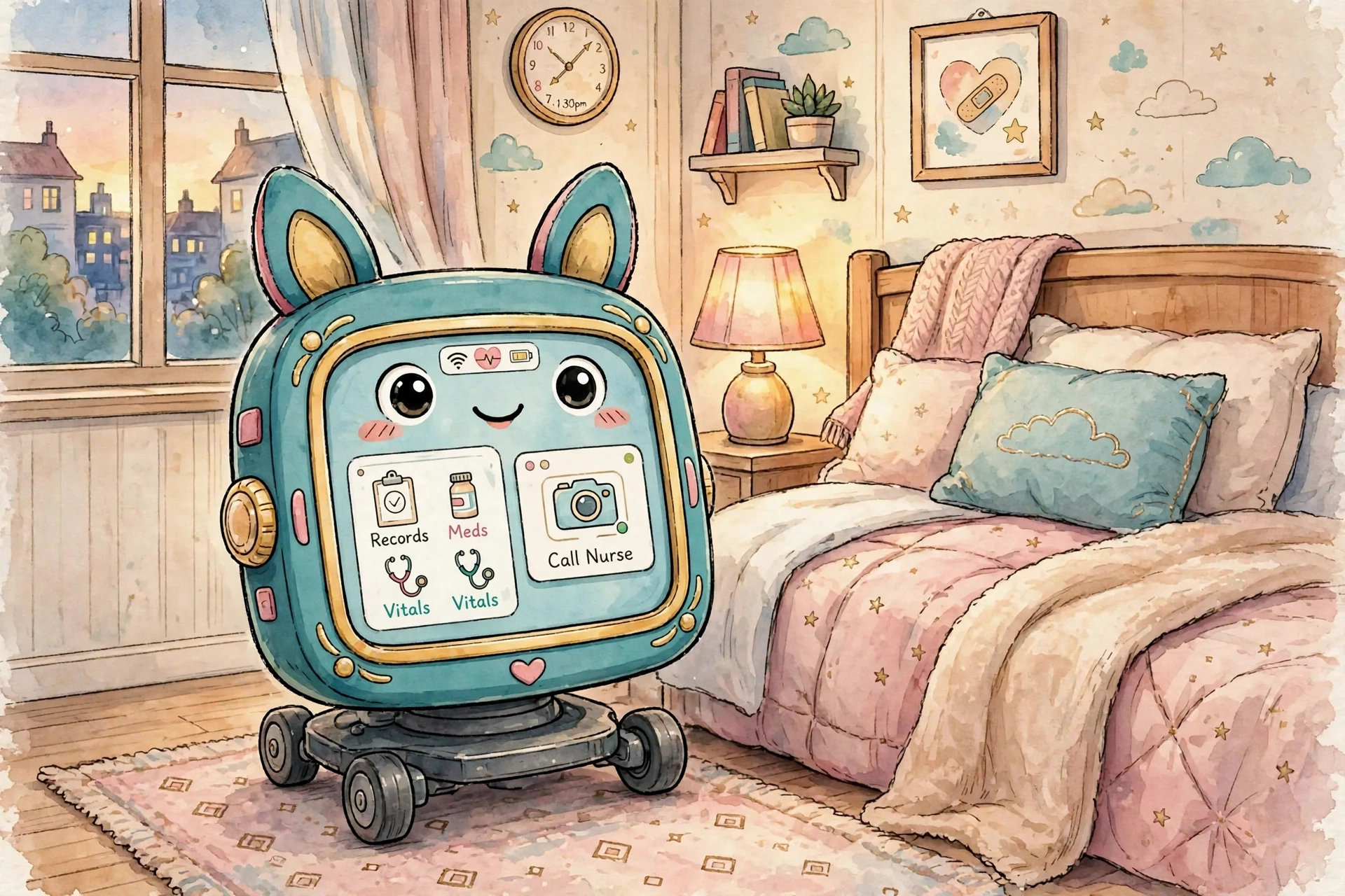 Poster illustration of the Bedside Records System — Rozie, the rolling medical-records robot on wheels at the bedside, bringing the resident's records and a telehealth link to the bedside