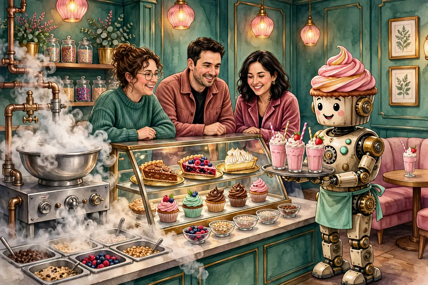 Poster illustration of Cupcakez — Euphoria's dessert and drinks room, with cupcakes, milkshakes, and liquid-nitrogen ice cream