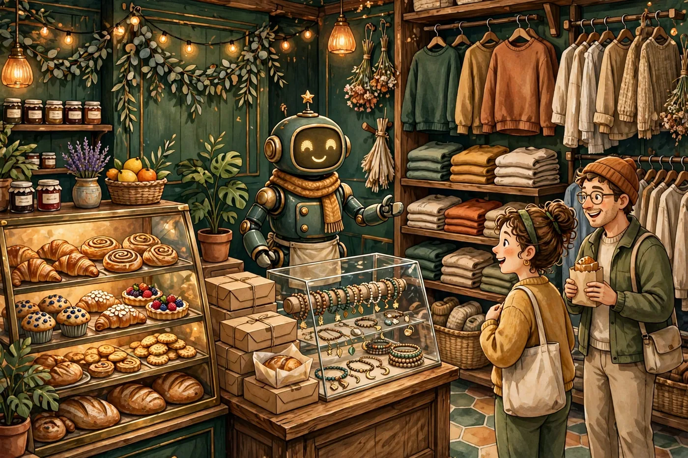 Poster illustration of Sparkles — Euphoria's merchandise shop, with the potkery bakery and shelves of merchandise