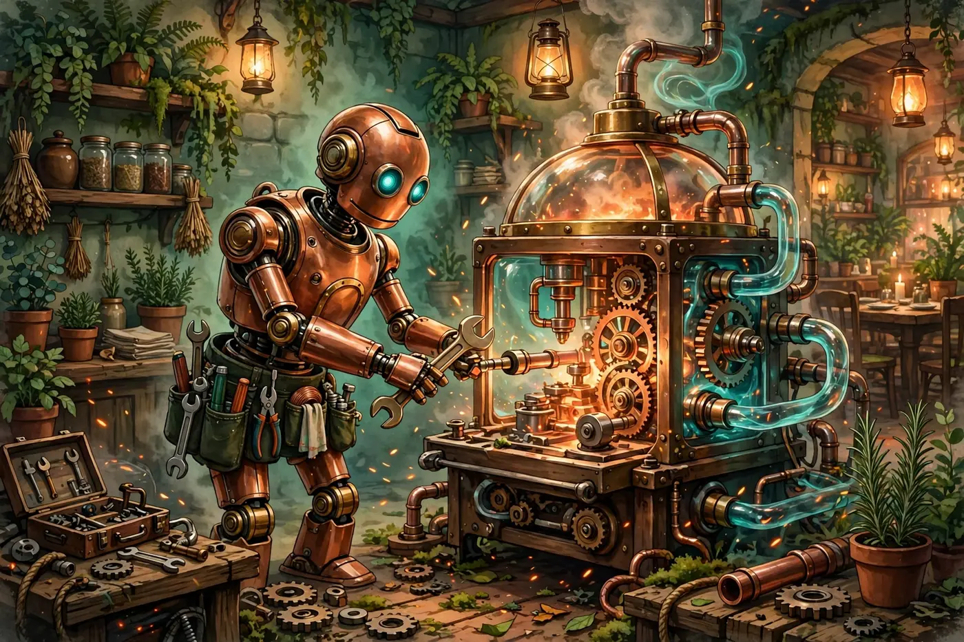 Poster illustration of Torque — maintenance, a copper robot with a tool belt full of wrenches and pliers, turning a wrench on a great brass-and-glass machine of gears and glowing pipes