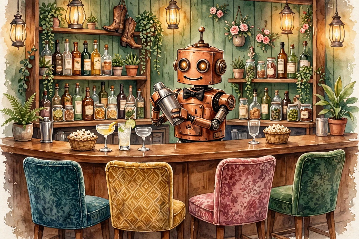 Poster illustration of The Munchiez bar — Bart the copper robot bartender shaking a cocktail behind the bar, velvet bar chairs in teal, gold, pink and green, and cowboy boots and roses on the shelves; no people