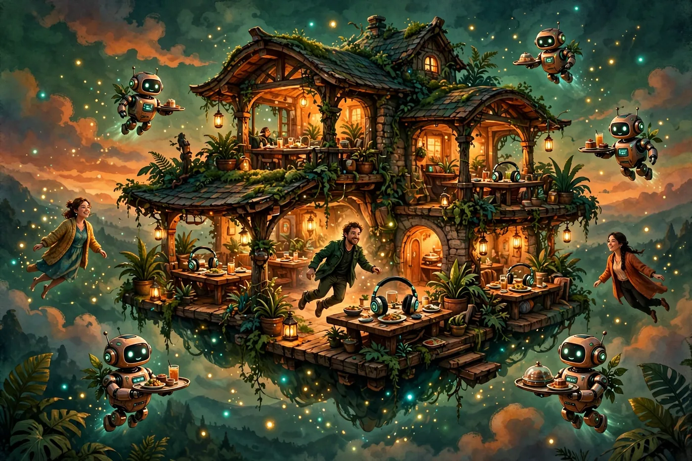 Poster illustration of Euphoria — adult guests floating full-body among the restaurant's rooms on drifting platforms, with robot servers and people bringing orders, and wisps of smoke curling through the air