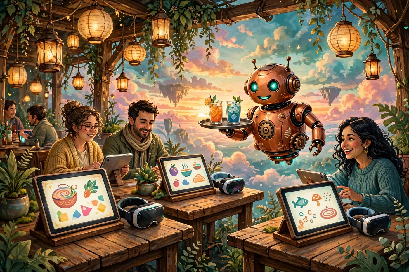 Poster illustration of The Tablets — guests at wooden tables building their orders on glowing table tablets, VR headsets beside the tablets, while a copper robot server floats in with drinks