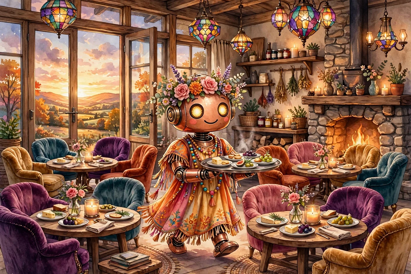 Poster illustration of The Devil's Lettuce — velvet armchairs in purple, teal, pink and gold around small round tables for four, a glass wall at sunset, a stone fireplace, colored chandeliers, and Penny the robot server carrying a tray; no people