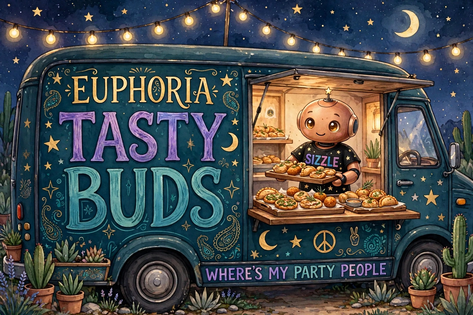 Poster illustration of Tasty Buds — the teal Euphoria food truck at night, with Sizzle the robot in a SIZZLE shirt serving trays of food at the open window and WHERE'S MY PARTY PEOPLE painted along the side