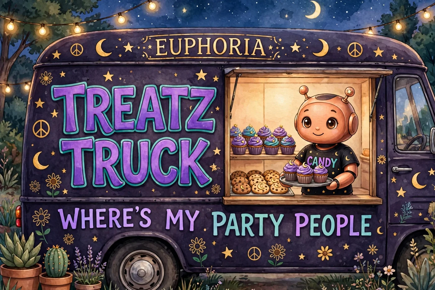Poster illustration of the Treatz Truck — the purple Euphoria dessert truck at night, with Candy the robot holding a tray of cupcakes at the dessert case and WHERE'S MY PARTY PEOPLE painted along the side